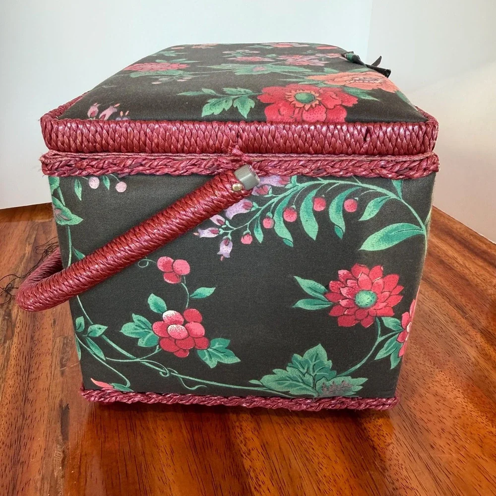 Vtg Sewing Basket Box Padded Fabric with Handle